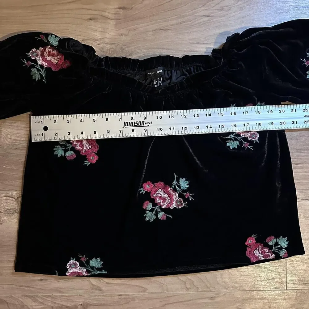 New Look Shirt Womens Medium Black Velvet Floral‎ Embroidered Boho Whimsigoth - Picture 6 of 7